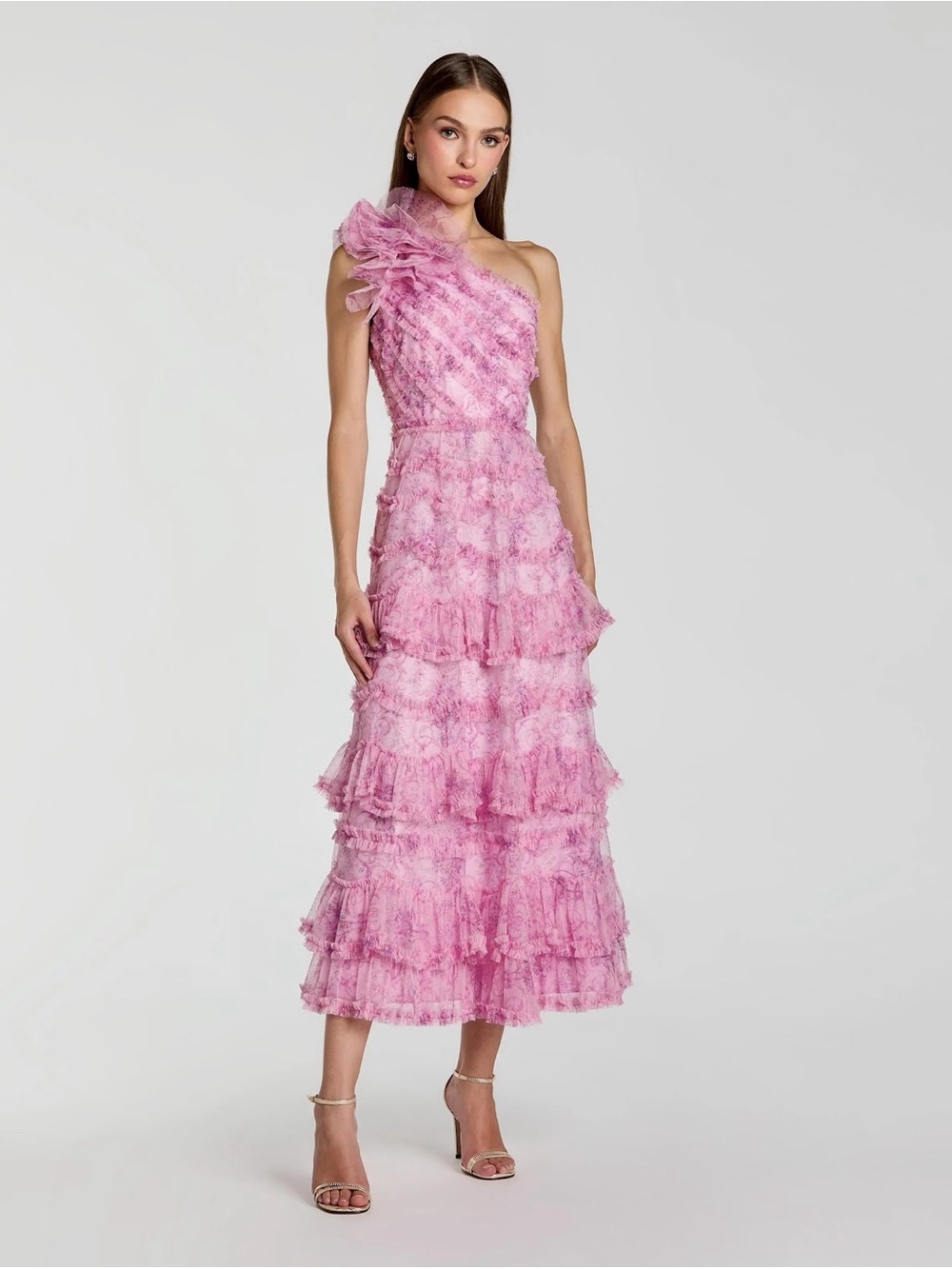 Mac Duggal 8422 Pink Printed One Shoulder Ruffled A Line Midi Dress Size 8 NWT
